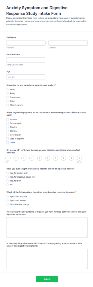 Anxiety Symptom And Digestive Response Study Intake Form Template