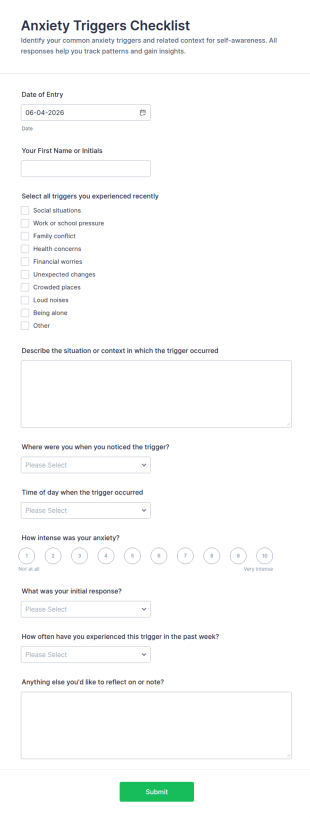 Anxiety Triggers Checklist Form Template