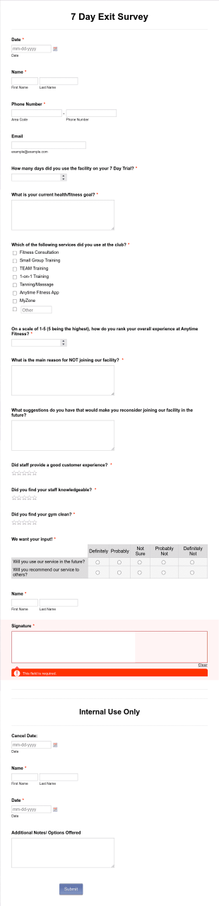 Anytime Fitness 7 Day Exit Survey Form Template