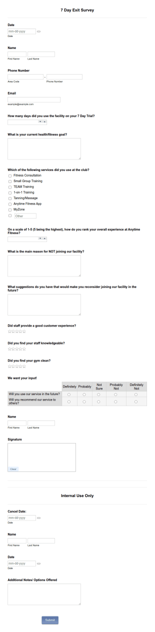 Anytime Fitness 7 Day Exit Survey Form Template