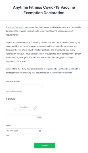 Anytime Fitness Vaccine Exemption Declaration Form Template