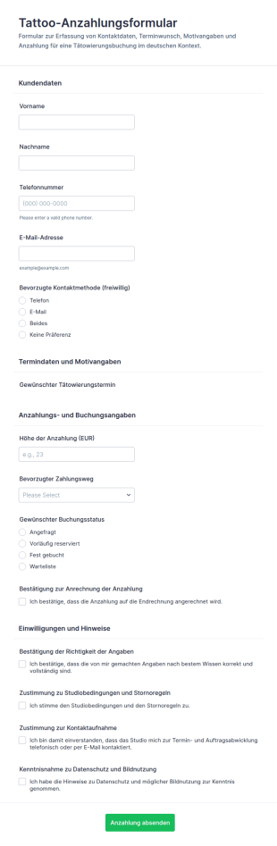 Anzahlung Für Tattoo Termin Form