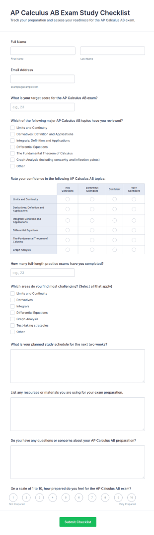 AP Calculus AB Exam Study Checklist Form Template