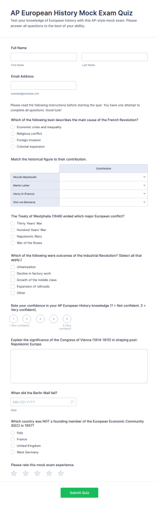 AP European History Mock Exam Quiz Form Template