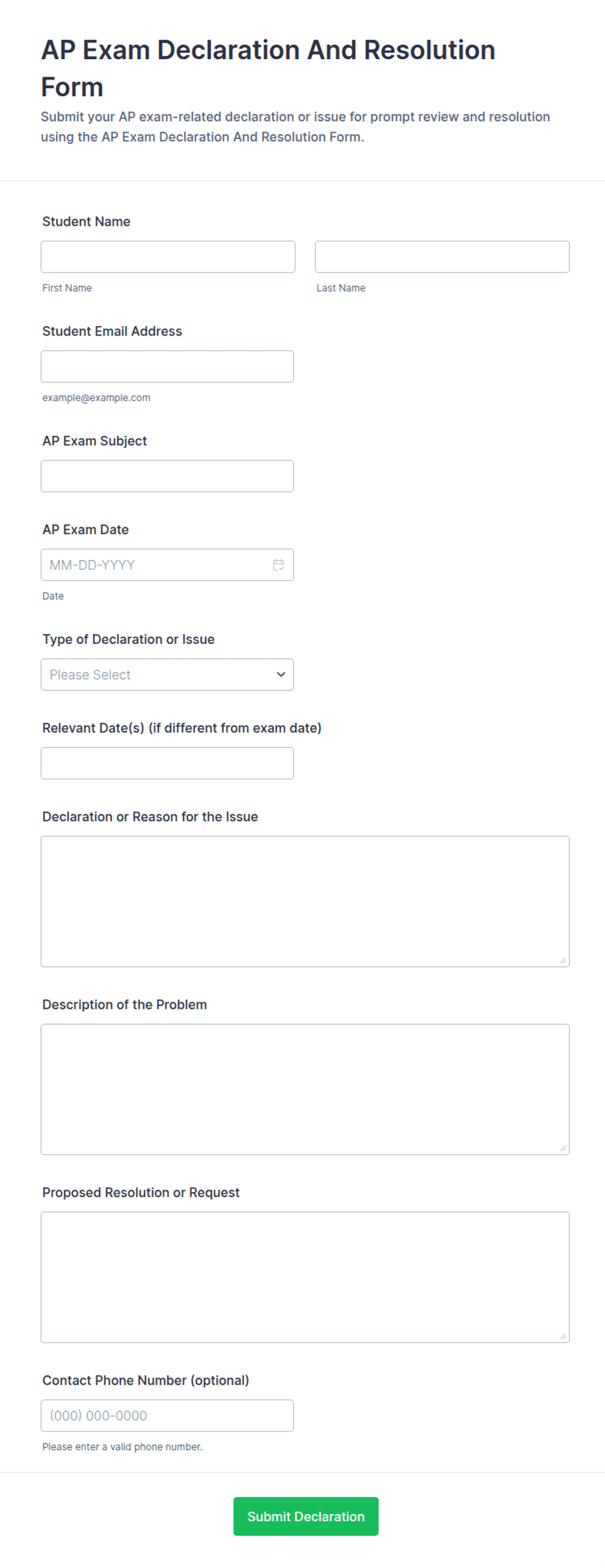 AP Exam Declaration and Resolution Form Template | Jotform