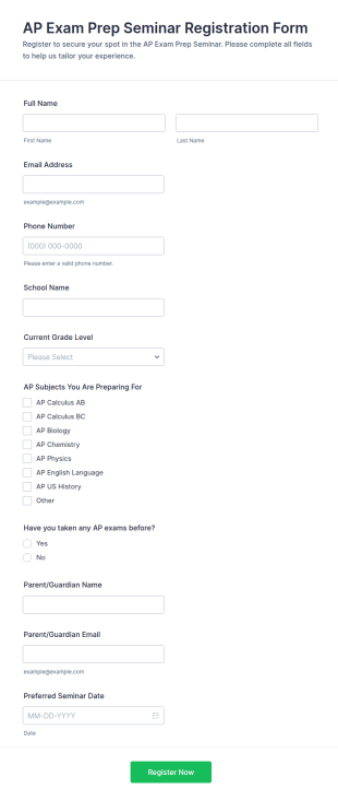 AP Exam Prep Seminar Registration Form Template