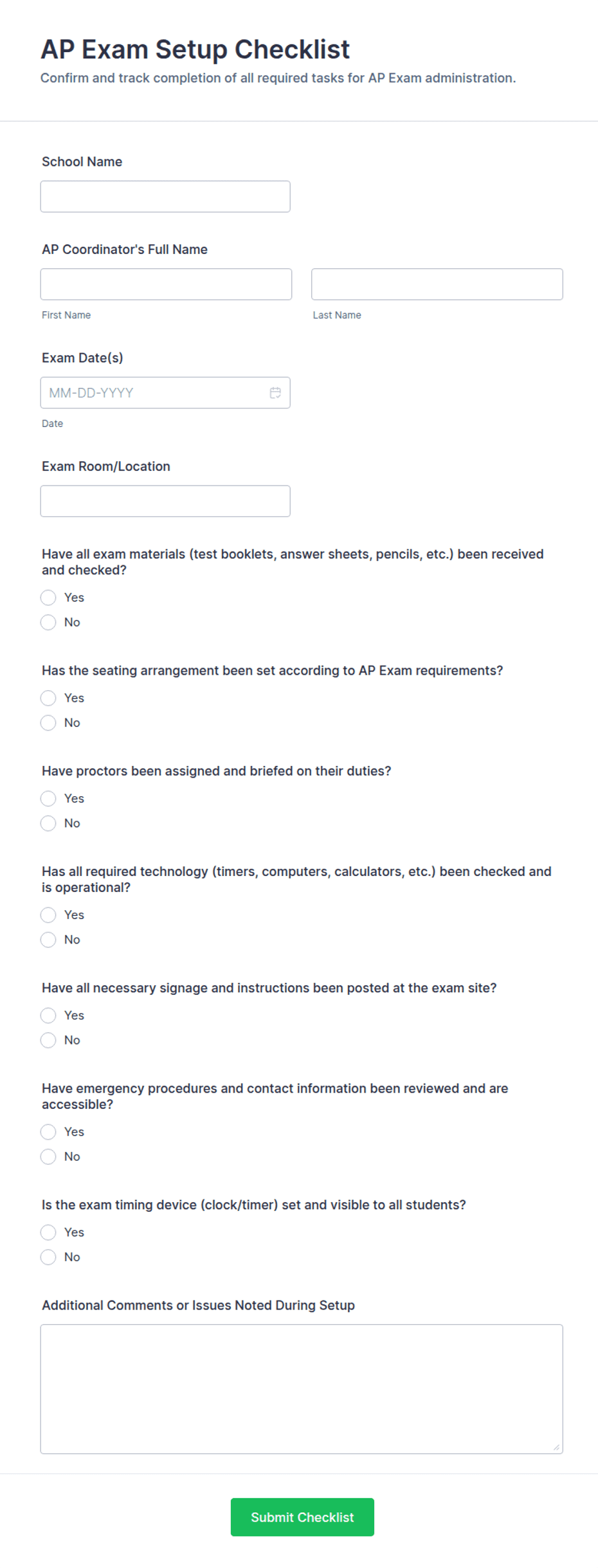 AP Exam Setup Checklist Form Template | Jotform