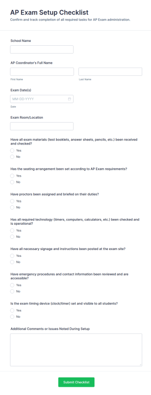 AP Exam Setup Checklist Form Template