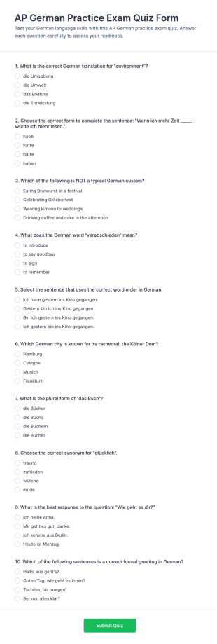 AP German Practice Exam Quiz Form Template