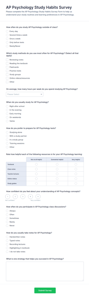 AP Psychology Study Habits Survey Form Template