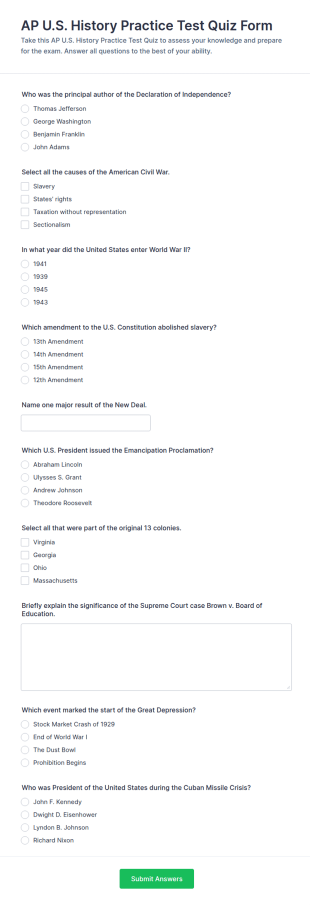 AP U.S. History Practice Test Quiz Form Template