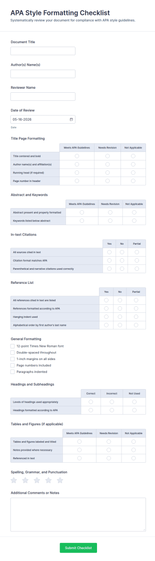 APA Style Formatting Checklist Form Template