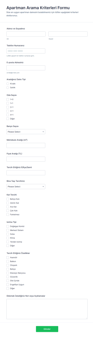 Apartman Arama Kriterleri Form Şablonu