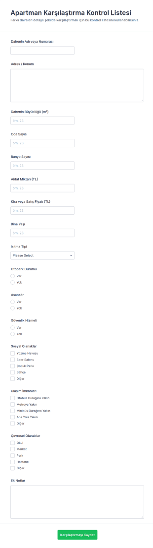 Apartman Karşılaştırma Kontrol Listesi Formu 🏢 Form Şablonu