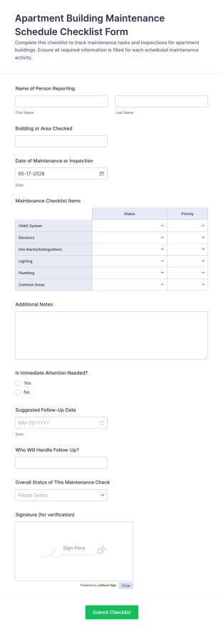 Apartment Building Maintenance Schedule Checklist Form Template