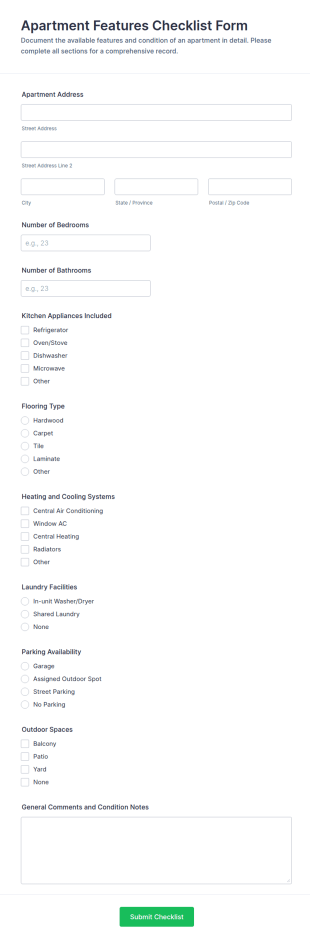 Apartment Features Checklist Form Template