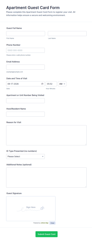 Apartment Guest Card Form Template