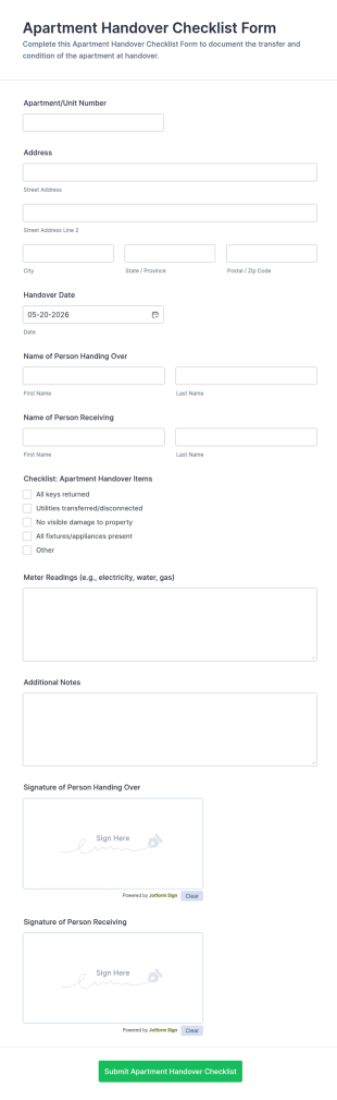 Apartment Handover Checklist Form Template
