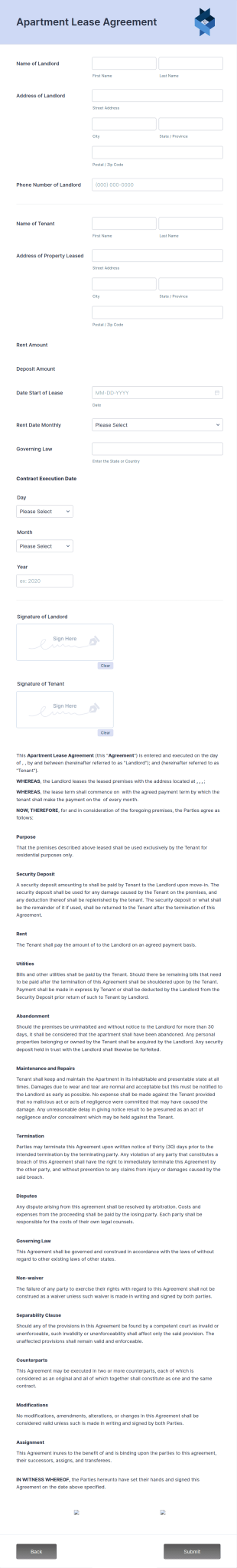Apartment Lease Agreement Form Template