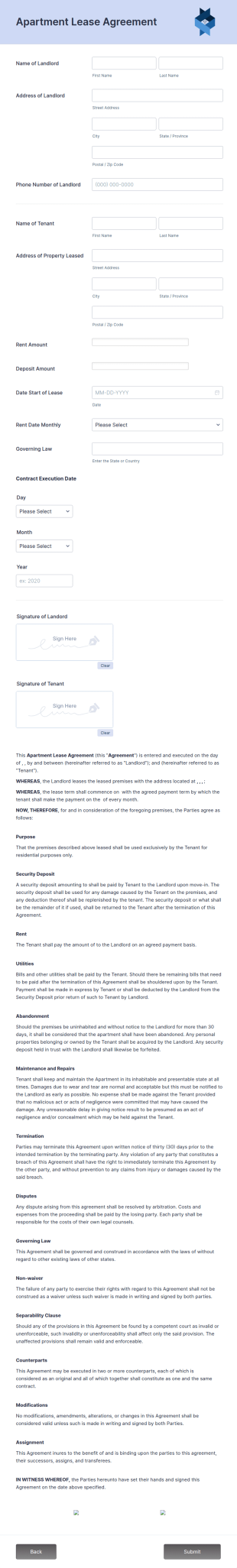 Apartment Lease Agreement Form Template