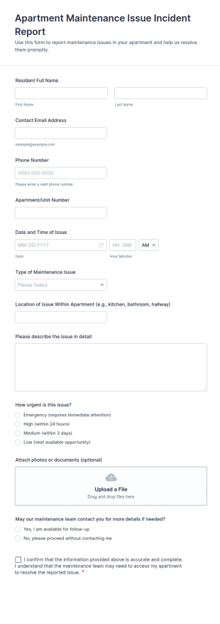 Apartment Maintenance Issue Incident Report Form Template