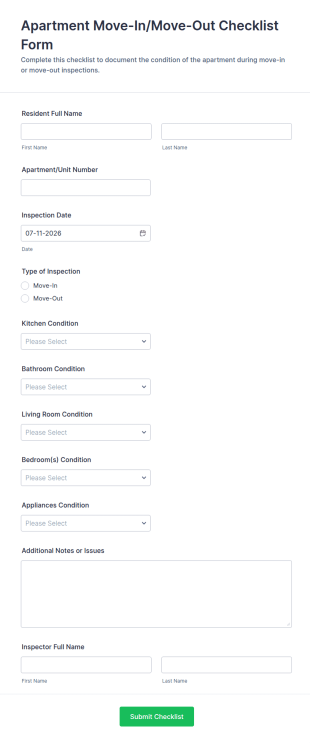 Apartment Move In/Move Out Checklist Form Template