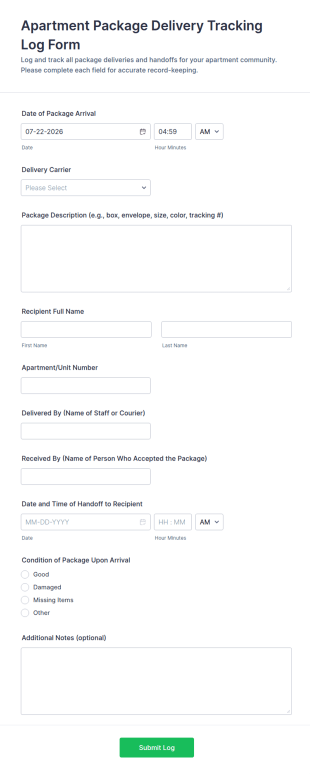 Apartment Package Delivery Tracking Log Form Template