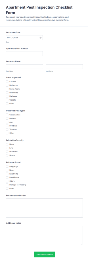 Apartment Pest Inspection Checklist Form Template