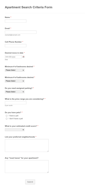 Apartment Search Criteria Form Template