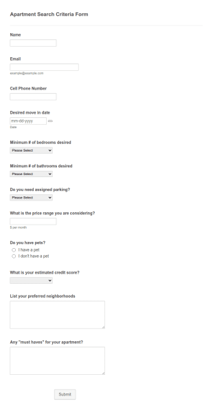 Apartment Search Criteria Form Template
