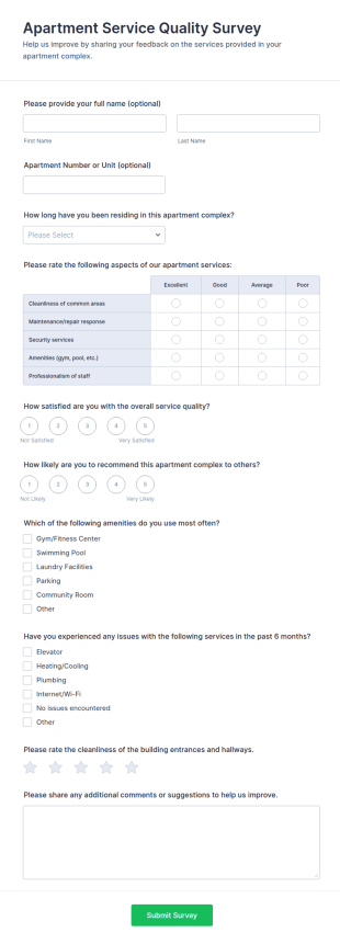Apartment Service Quality Survey Form Template