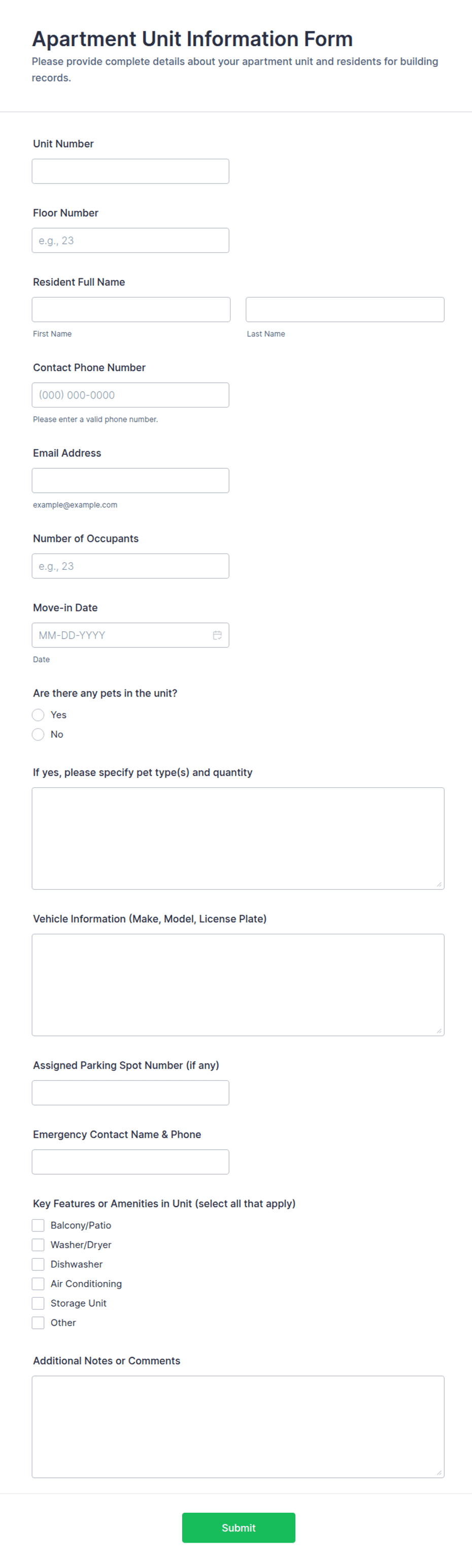 Apartment Unit Information Form Template | Jotform