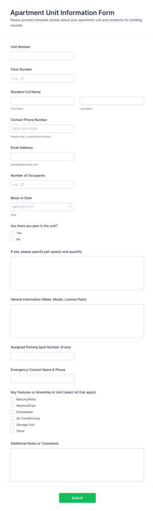 Apartment Unit Information Form Template
