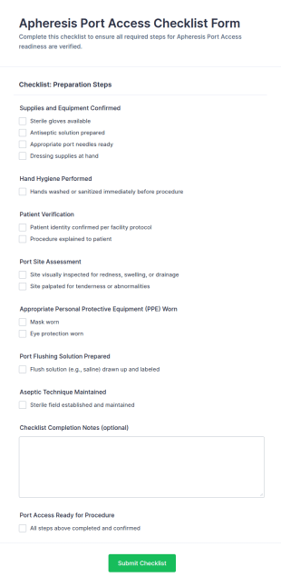 Apheresis Port Access Checklist Form Template