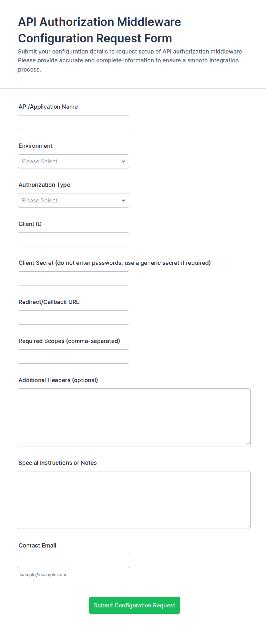 API Authorization Middleware Configuration Request Form Template | Jotform