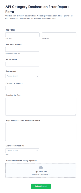 API Category Declaration Error Report Form Template