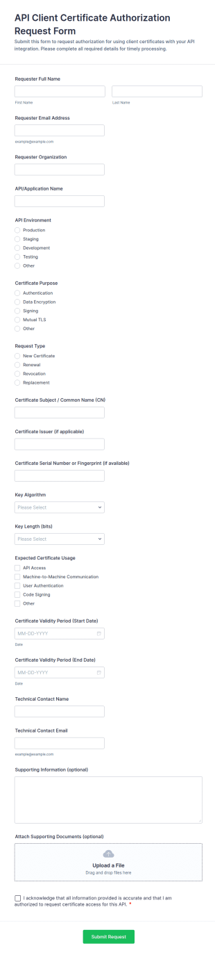 API Client Certificate Authorization Request Form Template