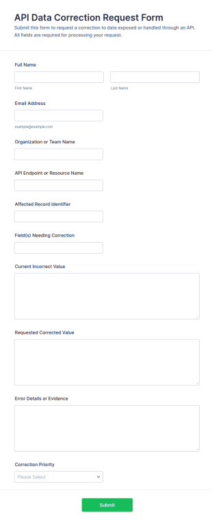 API Data Correction Request Form Template