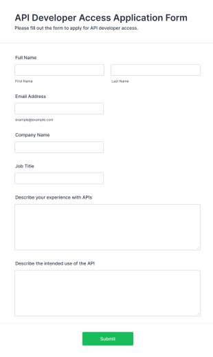 API Developer Access Application Form Form Template