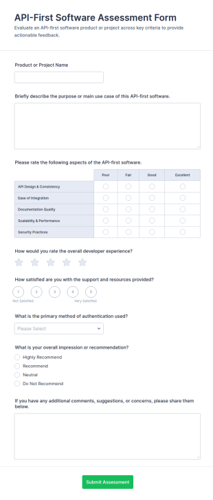 API First Software Assessment Questionnaire Form Template