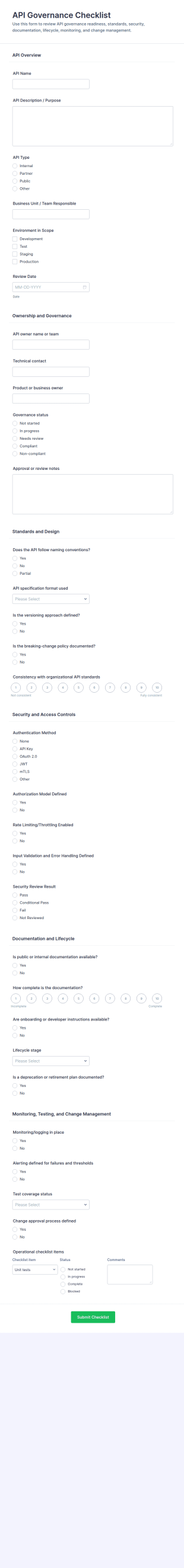 API Governance Checklist Form Template