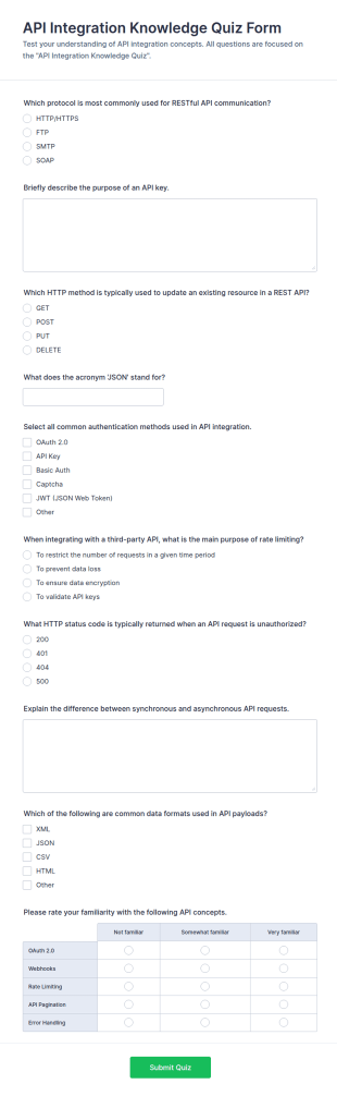 API Integration Knowledge Quiz Form Template