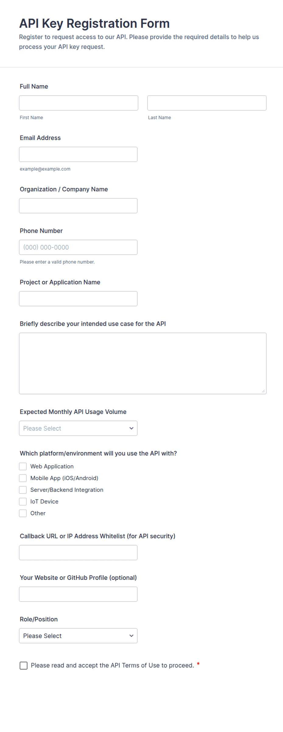 API Key Registration Form Template | Jotform