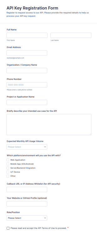 API Key Registration Form Template