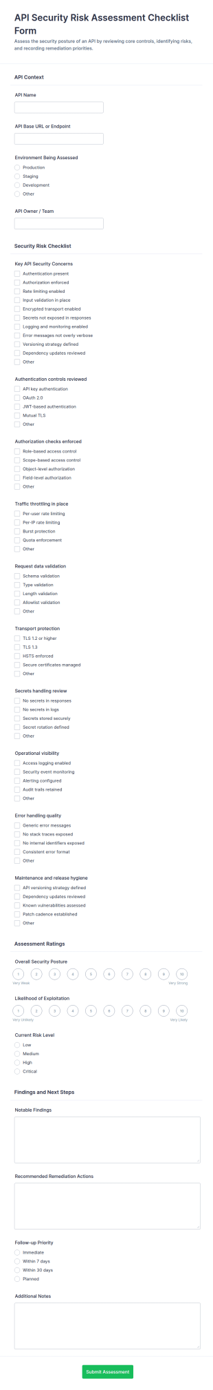 API Security Risk Assessment Checklist Form Template