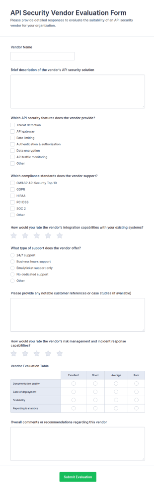 API Security Vendor Evaluation Form Template