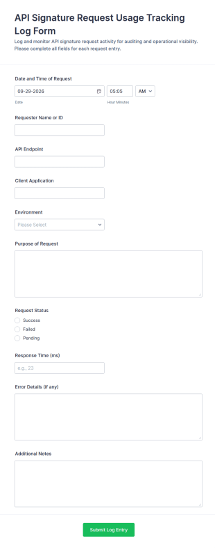 API Signature Request Usage Tracking Log Form Template