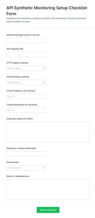 API Synthetic Monitoring Setup Checklist Form Template