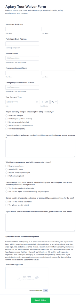 Apiary Tour Waiver Form Template