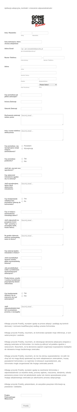 Aplikacja Adopcji Zwierzęcia Form Template